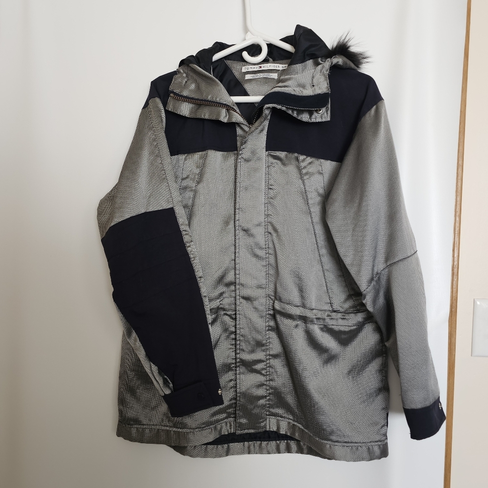Tommy Hilfiger Mens Silver Black Hooded Fury Rim Jacket Zip Snap Front Size S